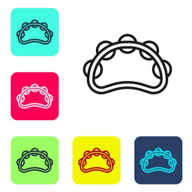 Siyah çizgi müzik aleti perküsyon tef, metal plaka ikonu beyaz arka planda izole. Renkli kare düğmelerle simgeleri ayarla. Vektör.