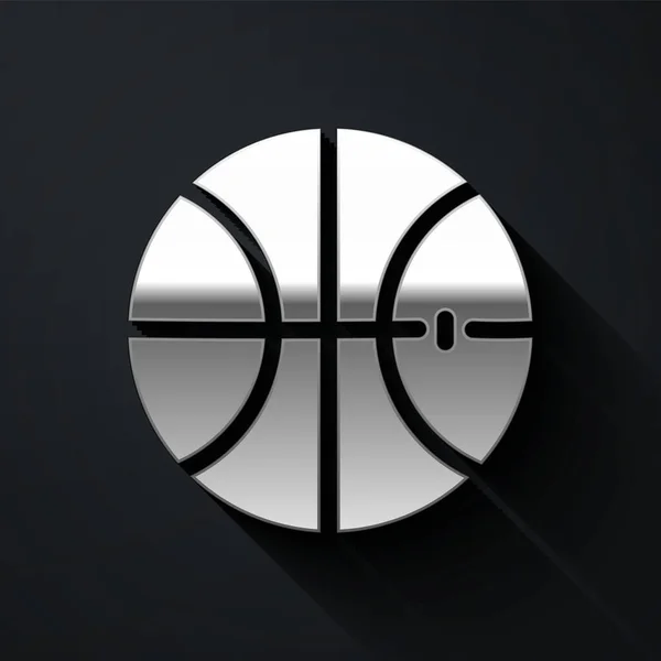 银色篮球图标孤立在黑色背景 体育的象征 长影子风格 病媒图解 — 图库矢量图片