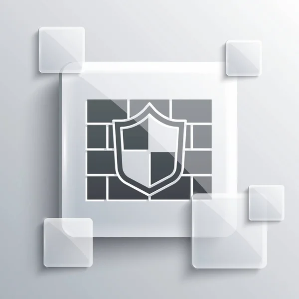 灰色盾牌与网络安全砖墙图标隔离在灰色背景 数据保护符号 防火墙 网络保护 方块玻璃面板 — 图库矢量图片