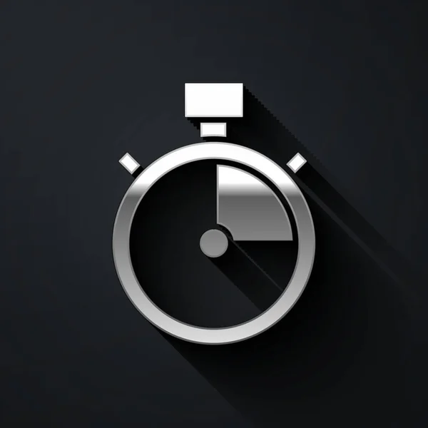 Silver Stopwatch Icoon Geïsoleerd Zwarte Achtergrond Tijdklok Teken Chronometerteken Lange — Stockvector