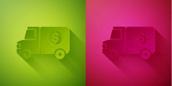 纸切割装甲卡车图标隔离绿色和粉红色背景 造纸艺术风格 — 图库矢量图片