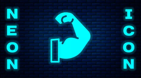 Glowing Neon Bodybuilder Showing His Muscles Icon Isolated Brick Wall — Stock Vector