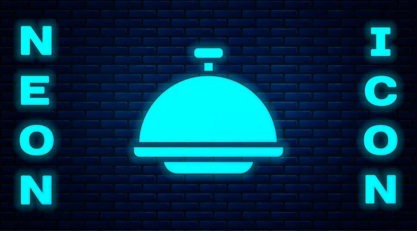 Glowing Neon Covered Tray Food Icon Isolated Brick Wall Background — Stock Vector