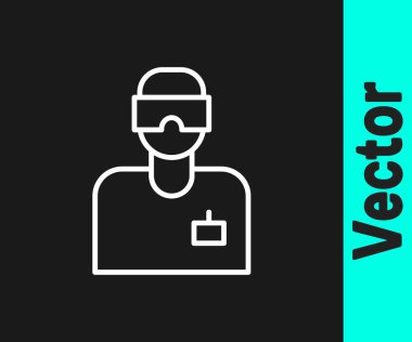 Beyaz çizgi labaratuvar asistanı simgesi siyah arkaplanda izole edildi. Vektör.