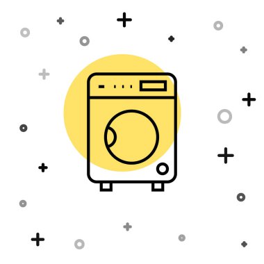 Siyah çizgi yıkama simgesi beyaz arkaplanda izole edildi. Çamaşır makinesi simgesi. Çamaşır makinesi, çamaşır makinesi. Ev aletleri sembolü. Rastgele dinamik şekiller. Vektör.