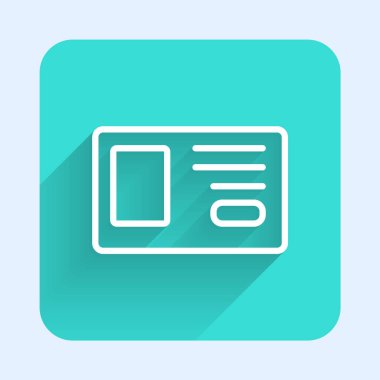 Beyaz çizgi tanımlama rozeti simgesi uzun gölgeli izole edilmiş. Sunum için, şirketin kimliği için, reklam için kullanılabilir. Yeşil kare düğmesi. Vektör.