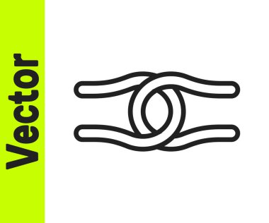 Beyaz arkaplanda izole edilmiş bir düğüm simgesine bağlanmış siyah çizgi halatı. Vektör.