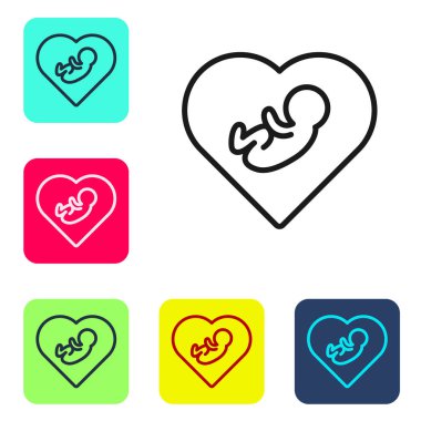 Siyah çizgi Bebek, beyaz arka planda izole edilmiş kalp ikonu. Renkli kare düğmelerle simgeleri ayarla. Vektör.