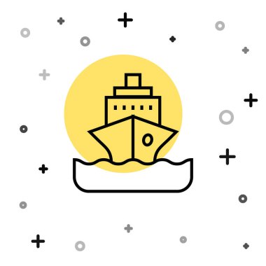 Siyah çizgi seyahat gemisi simgesi beyaz arka planda izole edildi. Seyahat turizmi deniz taşımacılığı. Yolcu gemisi, yolcu gemisi. Dünya çapında bir gezi. Rastgele dinamik şekiller. Vektör.