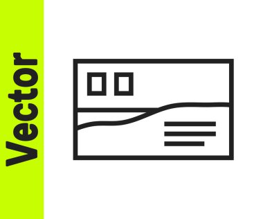 Siyah çizgi kartpostal seyahat simgesi beyaz arkaplanda izole edildi. Vektör.