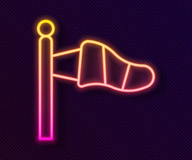 Parlayan neon hattı koni meteorolojisi rüzgar gülü ikonu siyah arka planda izole edildi. Rüzgâr Sock rüzgarın yönünü ve gücünü gösteriyor. Vektör.