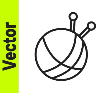 Beyaz arka planda izole edilmiş örgü iğneli siyah çizgi iplik topu. El yapımı, örgü ya da terzi için etiket. Vektör.