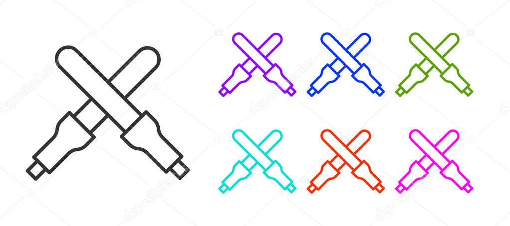 Black line Marshalling wands for the aircraft icon isolated on white background. Marshaller communicated with pilot before and after flight. Set icons colorful. Vector.