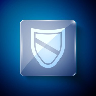 Beyaz Kalkan simgesi mavi arkaplanda izole edildi. Gardiyan. Güvenlik, güvenlik, koruma, gizlilik kavramı. Kare cam paneller. Vektör.