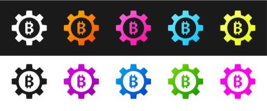 Bitcoin para simgesini siyah ve beyaz arkaplanda izole et. Vites ve Bitcoin ayarı. Engelleme zinciri tabanlı şifreli para birimi. Vektör.