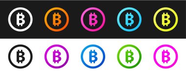 Bitcoin para simgesini siyah ve beyaz arkaplanda izole et. Madeni para. Engelleme zinciri tabanlı şifreli para birimi. Vektör.