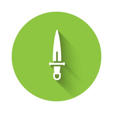 Uzun gölgeli beyaz hançer ikonu. Bıçak ikonu. Keskin bıçaklı kılıç. Yeşil daire düğmesi. Vektör.