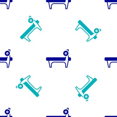 Barbel simgesine sahip Blue Bench beyaz arka planda izole edilmiş pürüzsüz desen. Spor aletleri. Vücut geliştirme, ağırlık kaldırma, fitness konsepti. Vektör.