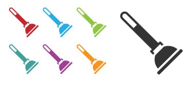 Boru temizleme ikonu için tahta saplı siyah kauçuk pompa beyaz arka planda izole edilmiş. Tuvalet pompası. Simgeleri renklendirin. Vektör.