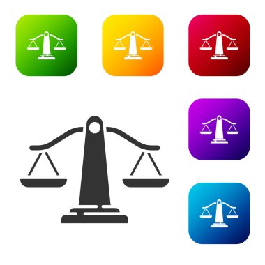 Adalet simgesinin siyah pulları beyaz arka planda izole edilmiş. Hukuk mahkemesi sembolü. Denge tabelaları. Renkli kare düğmelerle simgeleri ayarla. Vektör.