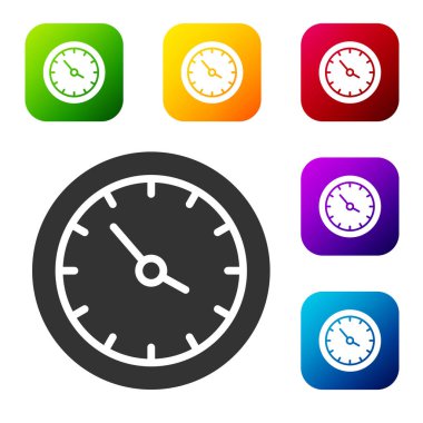 Siyah Tren İstasyonu saat simgesi beyaz arkaplanda izole edildi. Renkli kare düğmelerle simgeleri ayarla. Vektör.