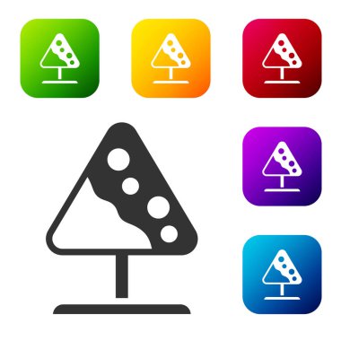 Siyah Yol işareti çığ simgesi beyaz arkaplanda izole edildi. Kar kayması ya da hızlı kar akışı eğimli bir yüzeyden aşağı. Renkli kare düğmelerle simgeleri ayarla. Vektör.