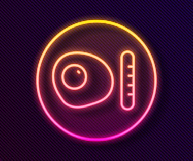 Parlak neon hattı geleneksel İngiliz kahvaltısı, siyah arka planda izole edilmiş sosis ikonlu sahanda yumurta. Vektör.