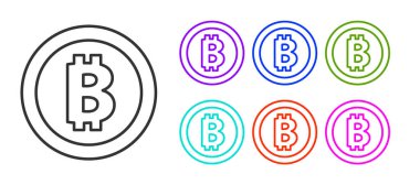 Siyah çizgi kripto para birimi Bitcoin simgesi beyaz arka planda izole edildi. Madeni para. Engelleme zinciri tabanlı şifreli para birimi. Simgeleri renklendirin. Vektör.