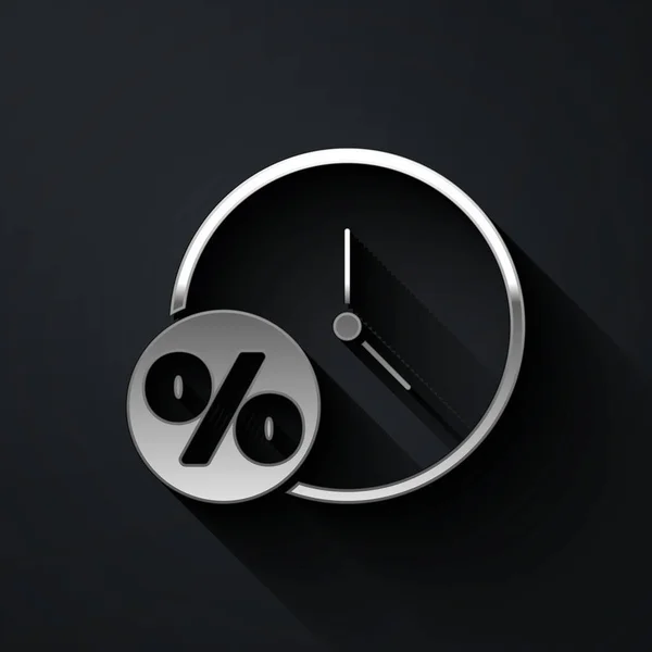 Silver Clock Percent Icon Isolated Black Background Long Shadow Style — Stock Vector