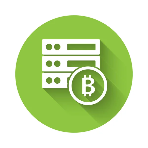 Icona Bitcoin Server Bianco Isolato Con Lunga Ombra Pulsante Cerchio — Vettoriale Stock