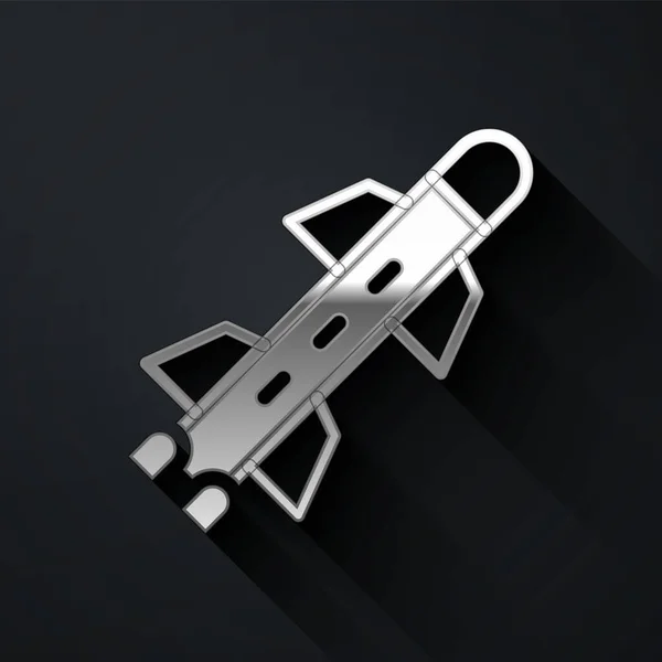 Silber Rocket Symbol Isoliert Auf Schwarzem Hintergrund Langer Schatten Vektor — Stockvektor