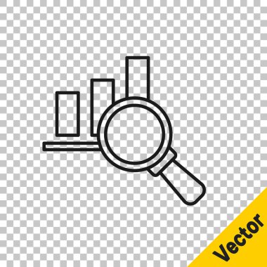 Siyah çizgi büyüteç ve veri analiz simgesi şeffaf arkaplanda izole edildi. Vektör.