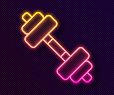 Parlayan neon hattı Dumbbell simgesi siyah arkaplanda izole edildi. Kas kaldırma ikonu, fitness halteri, spor aletleri, egzersiz yaban domuzu. Vektör.