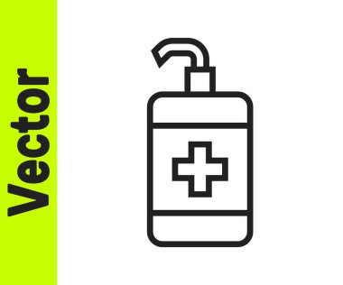 Siyah çizgi El dezenfektanı beyaz arka planda izole edilmiş. Dezenfeksiyon konsepti. Yıkama jeli. Hijyen için alkol şişesi. Vektör.