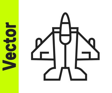 Siyah çizgi Jet savaş uçağı simgesi beyaz arka planda izole edildi. Askeri uçak. Vektör.