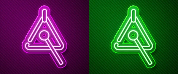 发光的霓虹灯线三角形乐器图标孤立在紫色和绿色背景 — 图库矢量图片