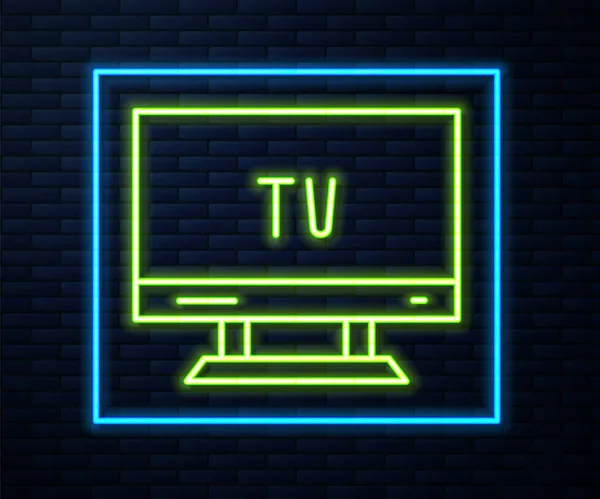 輝くネオンラインレンガの壁の背景に隔離されたスマートテレビアイコン テレビの看板 ベクトル — ストックベクタ
