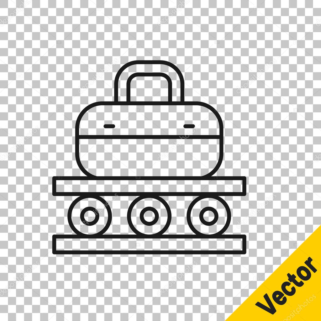Black line Airport conveyor belt with passenger luggage, suitcase, bag, baggage icon isolated on transparent background.  Vector.