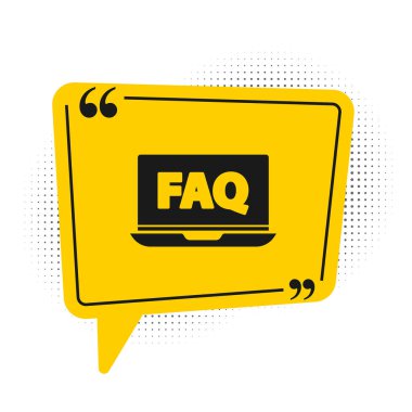 Siyah Laptop ve SSS simgesi beyaz arkaplanda izole edildi. Ayarlama, servis, ayar, bakım, onarım, onarım. Sarı konuşma balonu sembolü. Vektör İllüstrasyonu.