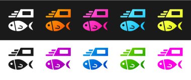 Balık ve patates kızartması simgesini siyah ve beyaz arkaplanda izole et. Vektör.