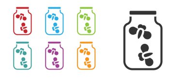 Beyaz arka planda izole edilmiş bir kavanozdaki siyah ateşböcekleri. Simgeleri renklendirin. Vektör.