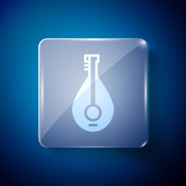 Beyaz geleneksel müzik aleti mandolin ikonu mavi arka planda izole edildi. Kare cam paneller. Vektör.