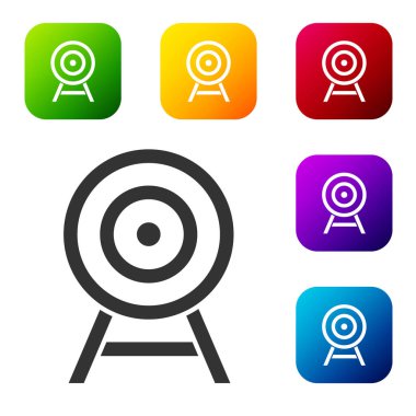 Beyaz zemin üzerinde ok simgesi olan siyah hedef. Dart tahtası işareti. Okçuluk tahtası simgesi. Dartboard işareti. İş hedefi kavramı. Renkli kare düğmelerle simgeleri ayarla. Vektör.