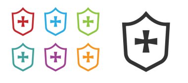 Siyah Kalkan simgesi beyaz arkaplanda izole edildi. Gardiyan. Güvenlik, güvenlik, koruma, gizlilik kavramı. Simgeleri renklendirin. Vektör.