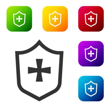 Siyah Kalkan simgesi beyaz arkaplanda izole edildi. Gardiyan. Güvenlik, güvenlik, koruma, gizlilik kavramı. Renkli kare düğmelerle simgeleri ayarla. Vektör.