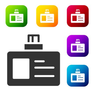 Beyaz arka planda siyah kimlik simgesi izole edildi. Sunum için, şirketin kimliği için, reklam için kullanılabilir. Renkli kare düğmelerle simgeleri ayarla. Vektör.