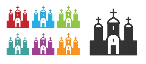 Zwarte Kerk Gebouw Pictogram Geïsoleerd Witte Achtergrond Christelijke Kerk Religie — Stockvector