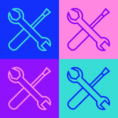 Pop sanat çizgisi tornavida ve anahtar anahtarı simgesi renk arkaplanında izole edildi. Servis aracı sembolü. Vektör İllüstrasyonu.