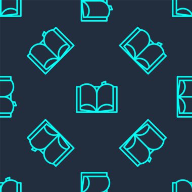 Yeşil çizgi Açık kitap simgesi mavi arkaplanda izole edilmiş kusursuz desen. Vektör İllüstrasyonu.