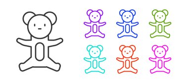 Siyah çizgi, peluş oyuncak ikonu beyaz arka planda izole edilmiş. Simgeleri renklendirin. Vektör.